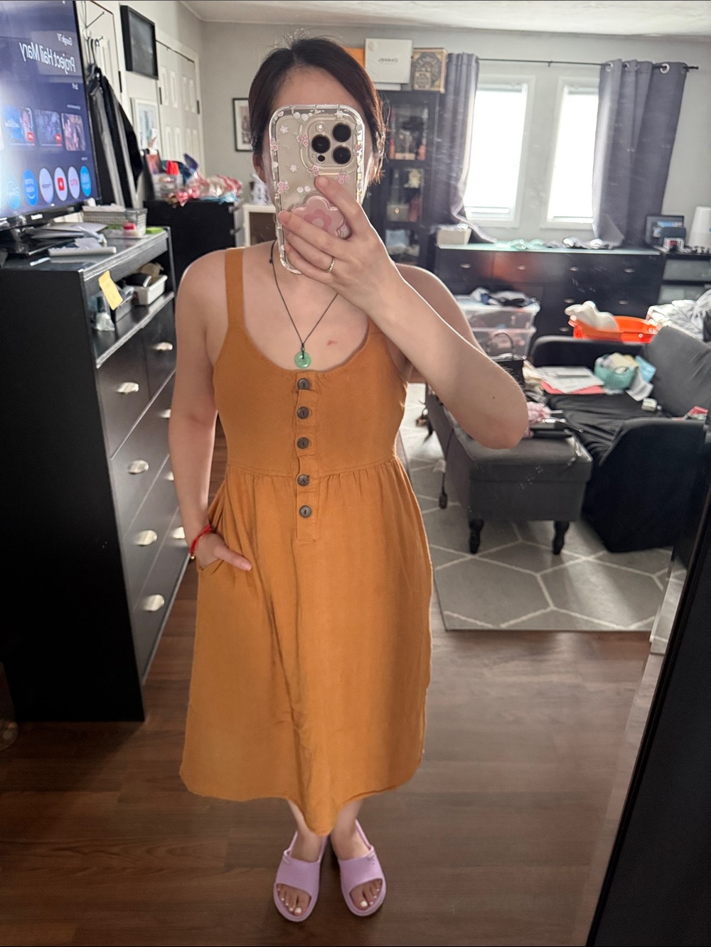 Universal Thread Button-Front Sleeveless Midi Dress in Mustard Brown